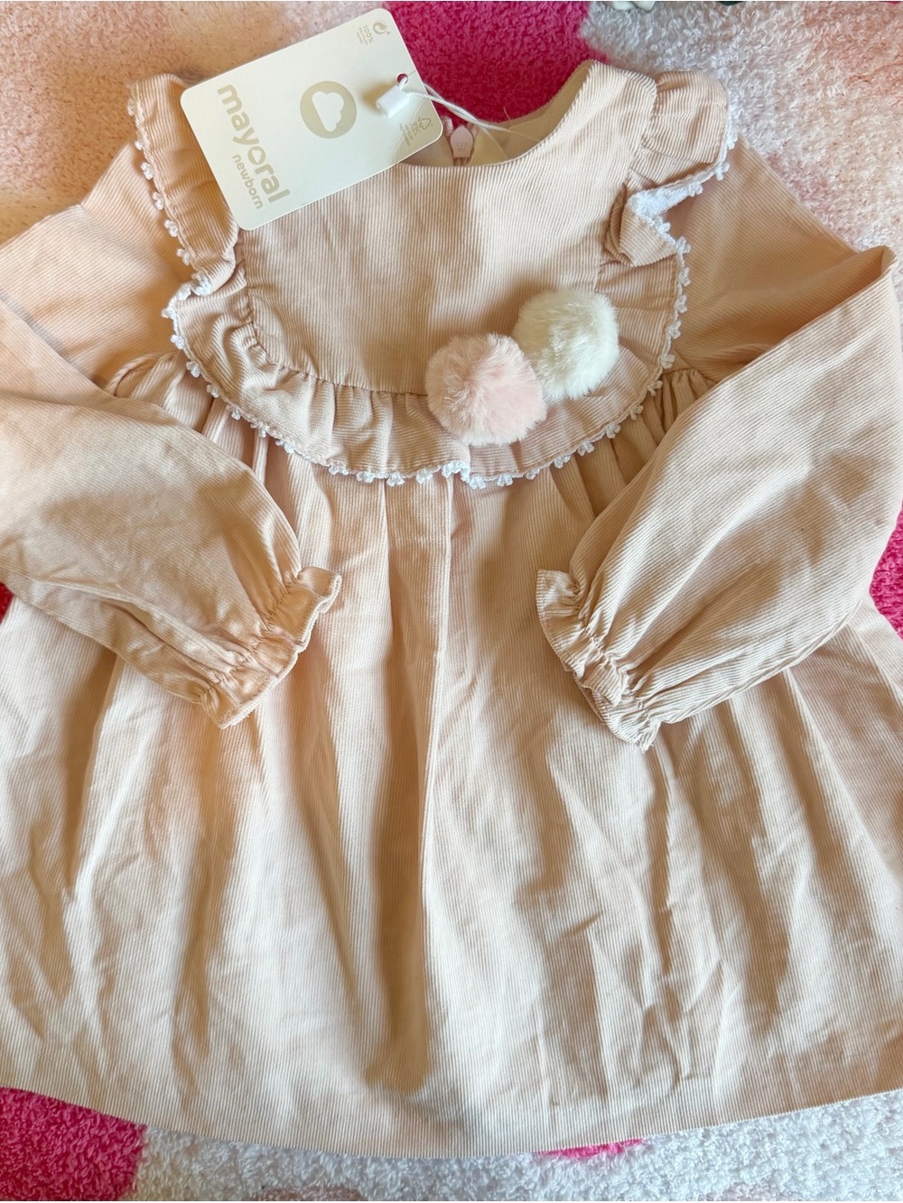 Mayoral Cream Ribbed Baby Dress with Pom-Pom Trim 12-18m